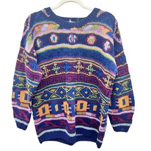 Vintage Susann D Hand Knit 100% Wool Sweater Small Blue Fair Isle Shetland 90s